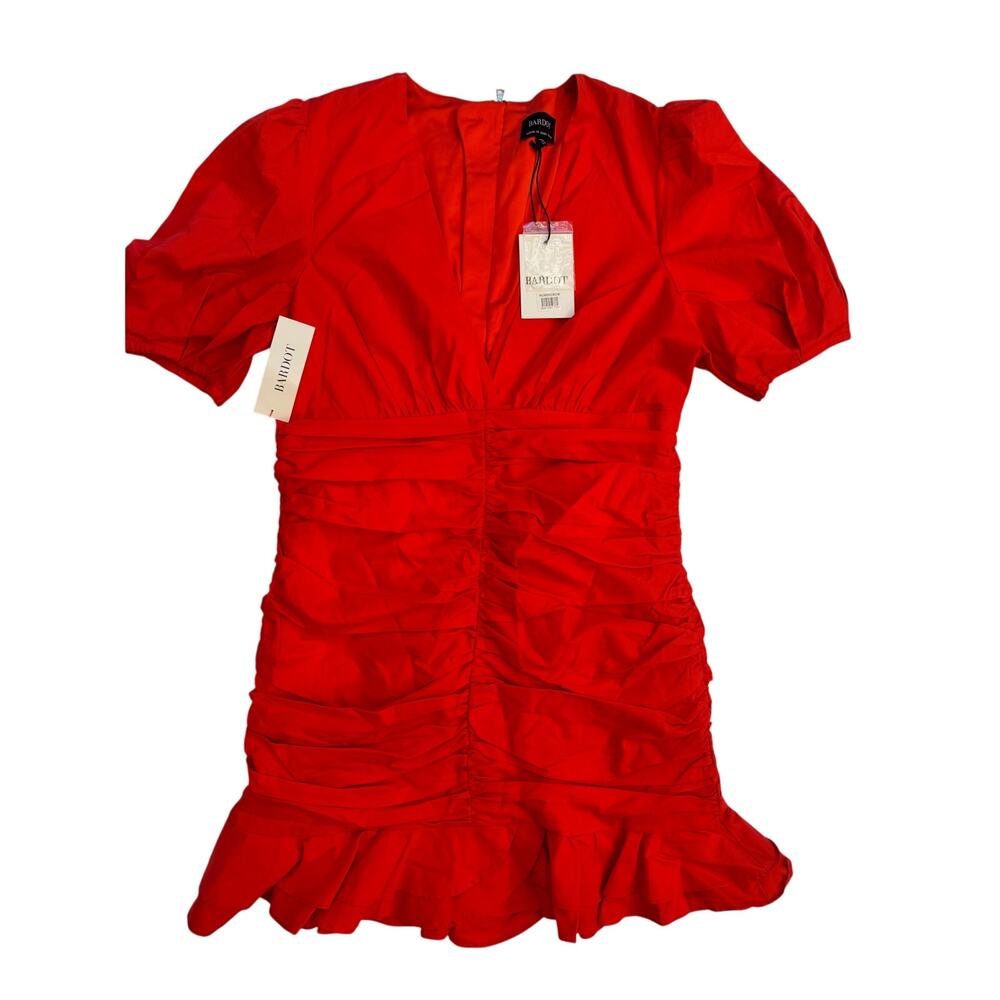 Bardot The Amie Red Ruched Mini Dress Puff Sleeve Ruffle Hem NWT L 10 Cotton - Picture 2 of 16